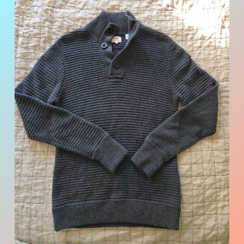 Levi's Sweater Gray Rib Knit Button Cotton Blend Size M